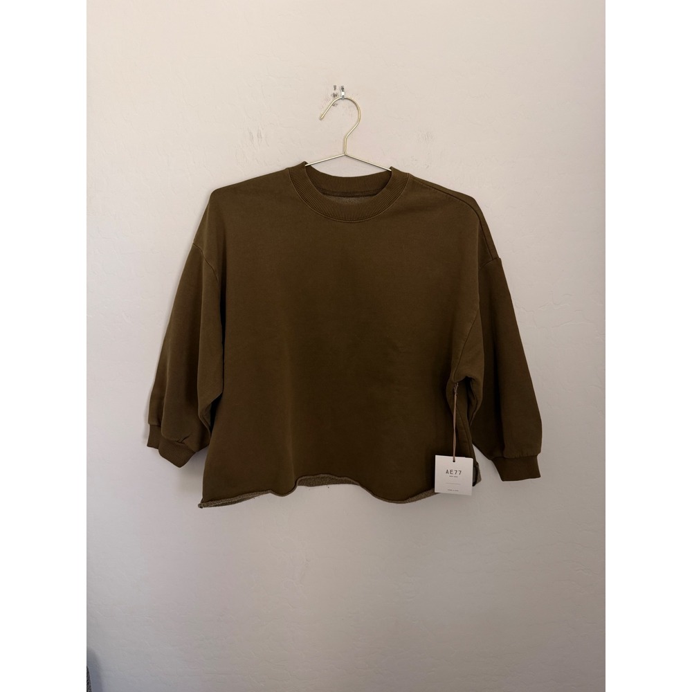 AE77 New York Women S Olive Brown Raw Hem Cropped Crewneck Sweatshirt NWT